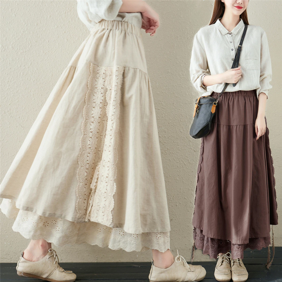 Womens Long Skirt Japanese Style Embroidery A Line Elastic Waist Cotton  Linen