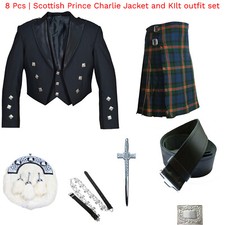 8 PCS  Scottish Prince Charlie Jacket, Vest  Kilt Outfit Set
