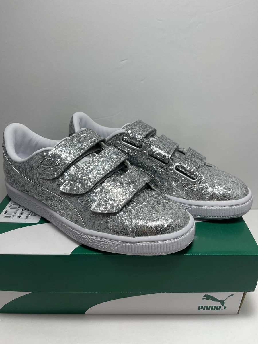 Puma Womens Size 6.5 Basket Strap Glitter Silver Sneakers Shoes 364070 01