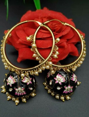 Bollywood Indischer Stil Emaillierte Perle Jhumka Bali Schwarz Schmuck-Set