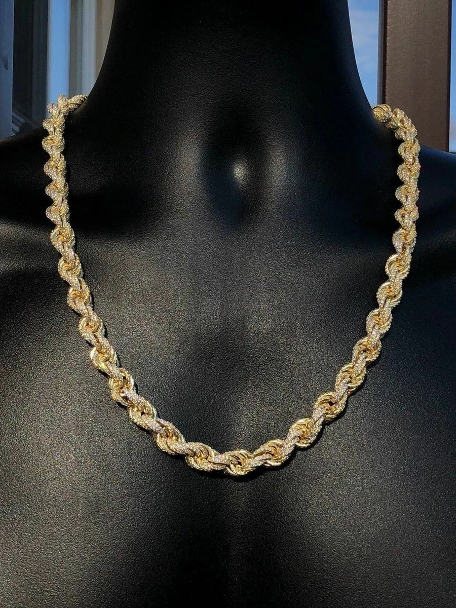 Men s 14k Gold Plated Solid 925 Sterling Silver Men s Rope Chain 9mm Iced CZ
