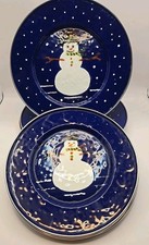 Vtg. Enamel Plates Snowman 9”&11"  Denise S Harvey 1997 Set Of 8 Golden Rabbit