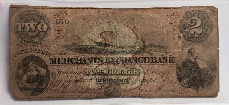 1857 The Merchants Exchange Bank, Bridgeport, Connecticut $2 Obsolete Banknote