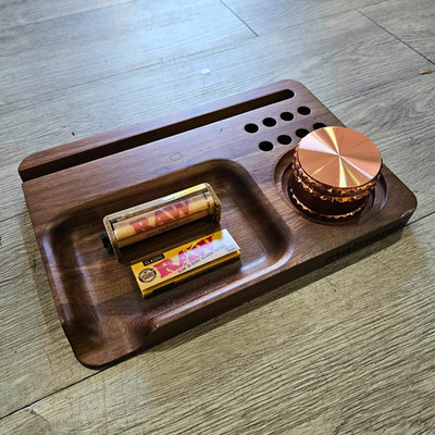 Premium Walnut Rolling Tray Kit   Grinder, Roller & Papers Combo