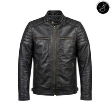 Men's Black Genuine Sheepskin Leather Cafe Racer Biker Moto Jacket Regular Fit