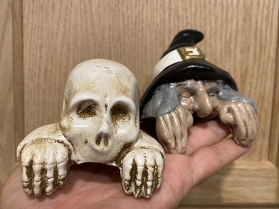 2 Vintage 1980s Hand Painted Ceramic Halloween Spooky Shelf Sitters~skeleton