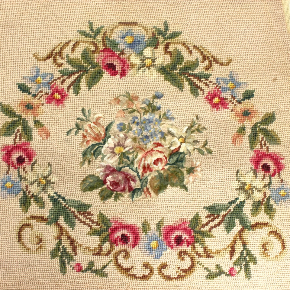 Antique Wool Needlepoint Roses Tapestry Chair Cover 17x18 Handmade Folk **READ - Image 2 of 4