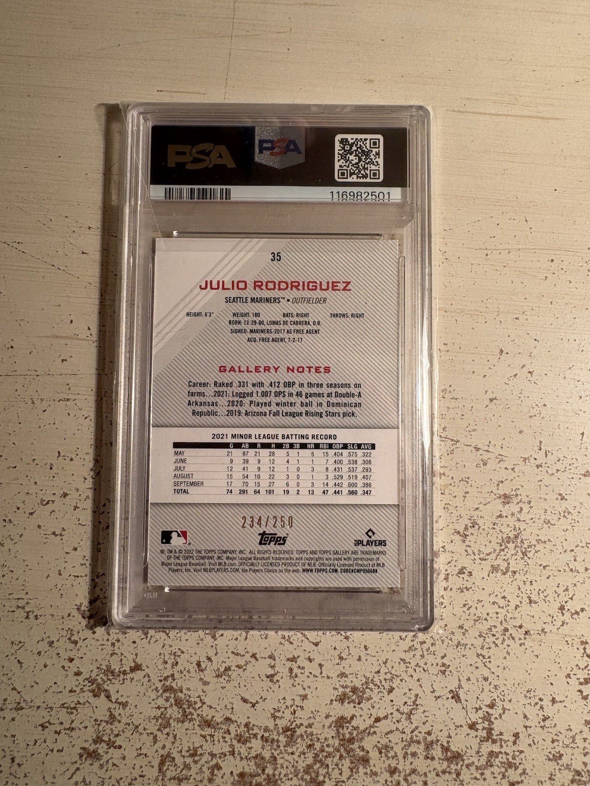Julio Rodriguez Topps Gallery Private Issue Numbered /250 Rookie PSA 9 view 2