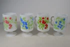 Set of 4 Vintage 1970s Milk Glass Pedestal Mugs with Berry Graphics