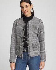 Chico  s Mixed Tweed Fringed Wool jacket Black White Houndstooth 16 XL LINED 189