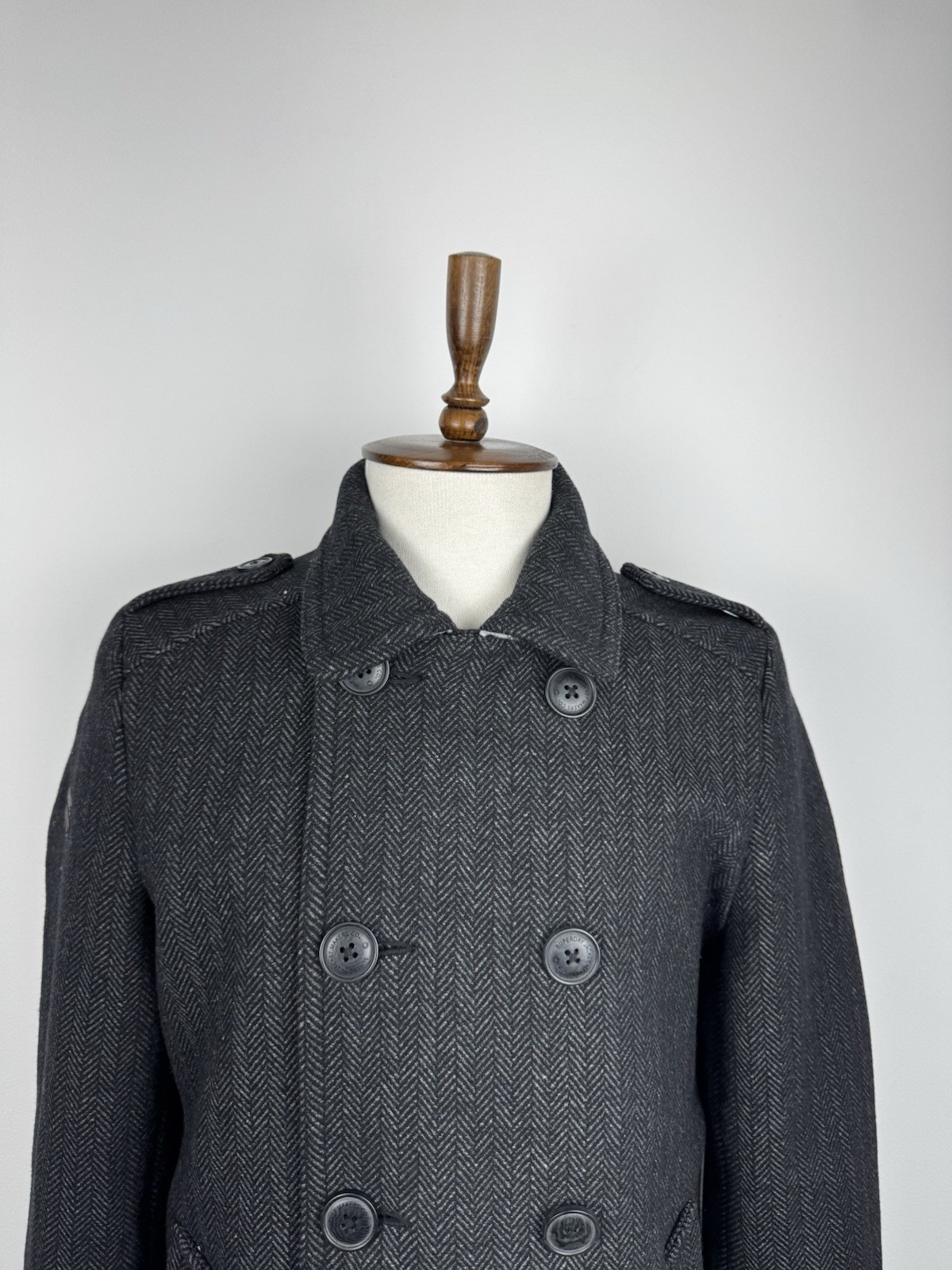 Superdry Rogue Wool Pea Coat Herringbone Grey Men’s Size L