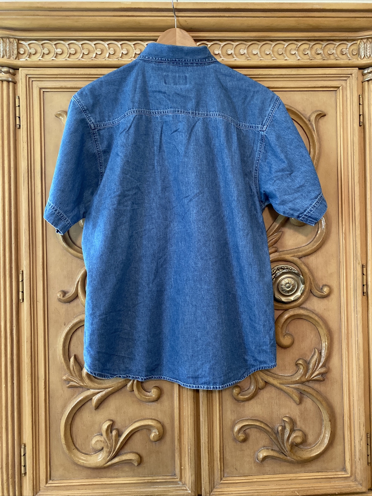Blue Solid Short Sleeve Collared Button Down Deni… - image 4