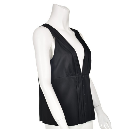 ST. JOHN Black Silk Pleated V-Neck Tuxedo Underpinning Blouse Camisole SZ 14 NWT - Picture 3 of 10