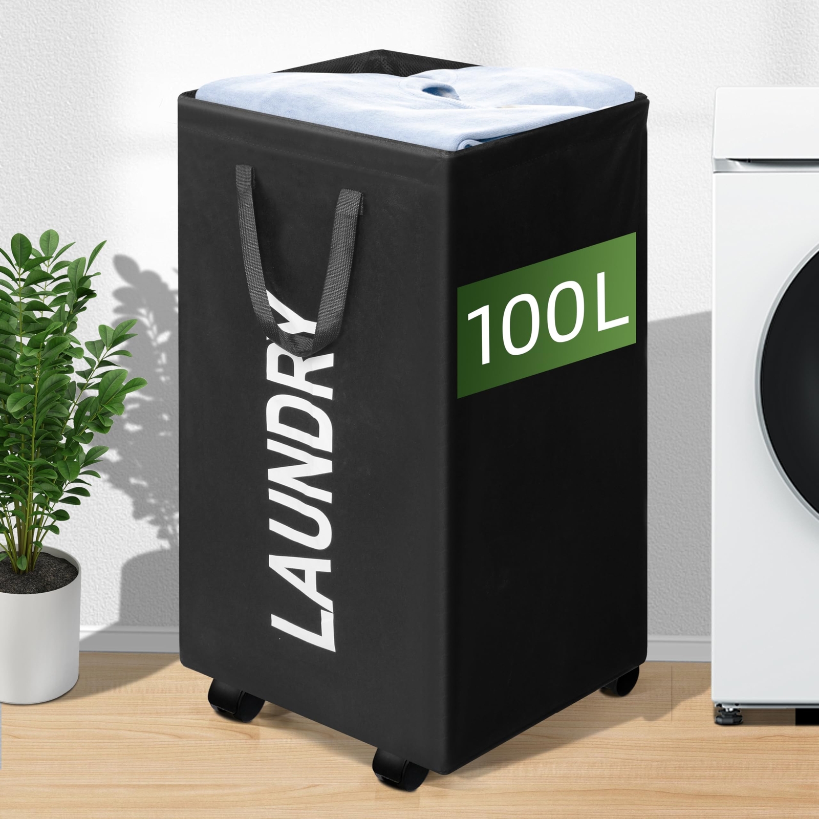 100L Large Laundry Basket with Wheels, 26 GAL Rolling Laundry Hamper with Han...