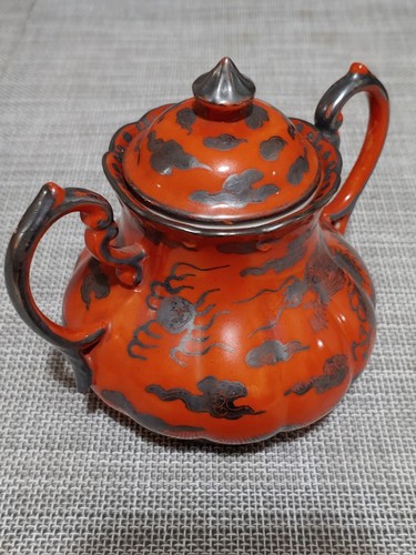 Antique Japanese Red Coral Glazed Porcelain Silver Dragon Clouds Tea Sugar Jar - Picture 10 of 24