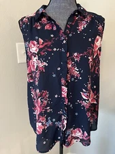 Elle Womens Black Pink Floral Sleeveless Button Neck ruffle sheer Small