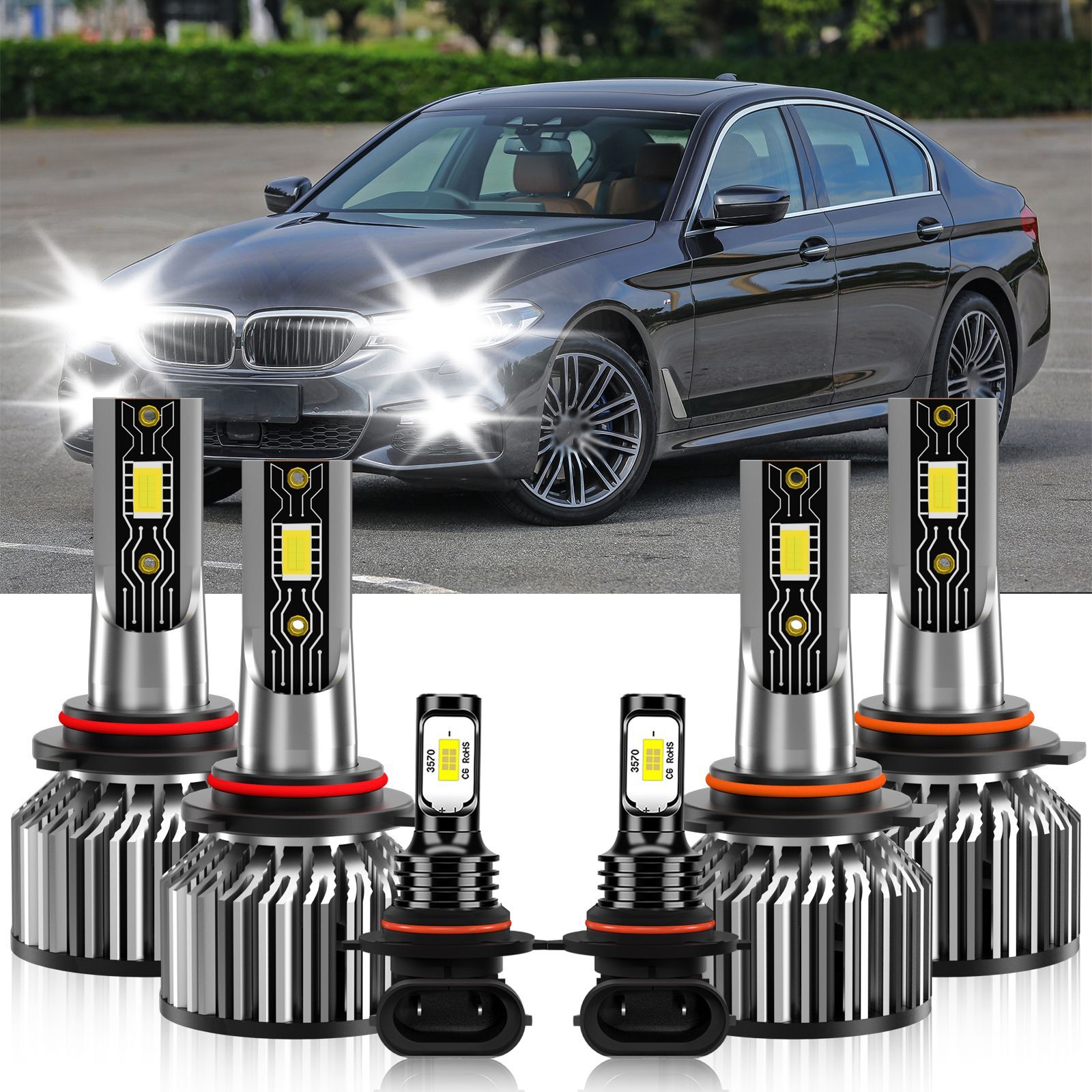 For BMW 530i 1994-1994 9005+9006+9145 LED Headlight+Fog Light Bulbs Combo 6500K