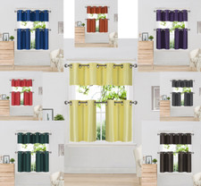 3 Piece Faux Silk Grommet Lined Thermal Blackout Kitchen Window Curtain Set