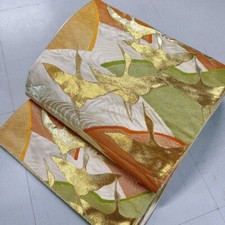 Japanese Kimono, pure silk crane Fukuro OBI , elegance Kinshari antique New