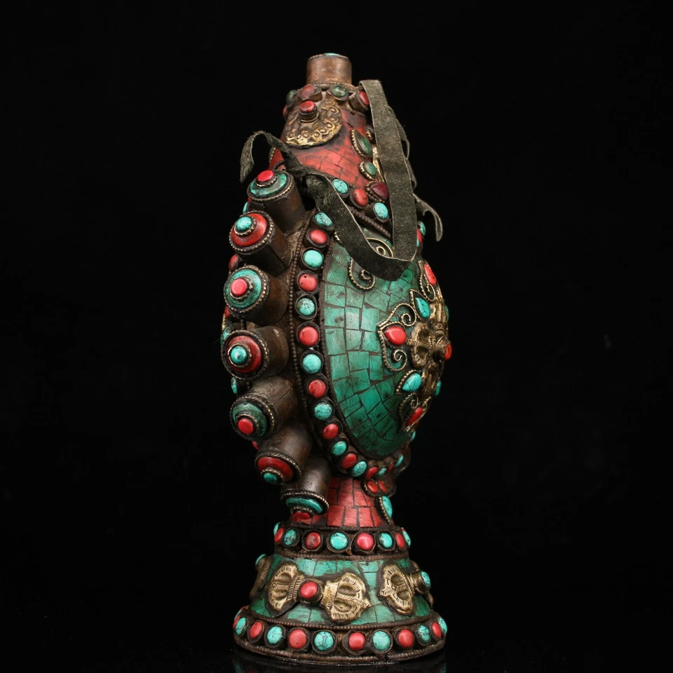 Botella de tabaco de bronce budismo China Tíbet 25 cm incrustación gema turquesa Foto 3 de 4