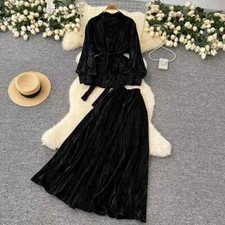 Kostüm Komplett Damen Set Tailleur Top Pullover Rock Schwarz Samt Strick 23342