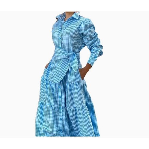 WOMEN'S LONG SLEEVE VINTAGE CHECKED MAXI DRESS SOLID, CASUAL RUFFLE DRESS - L - 第 1/9 張圖片