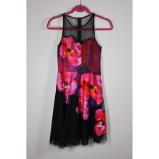 Belle Badgley Mischka Floral Fit & Flare Dress Party Cocktail Black Size 2