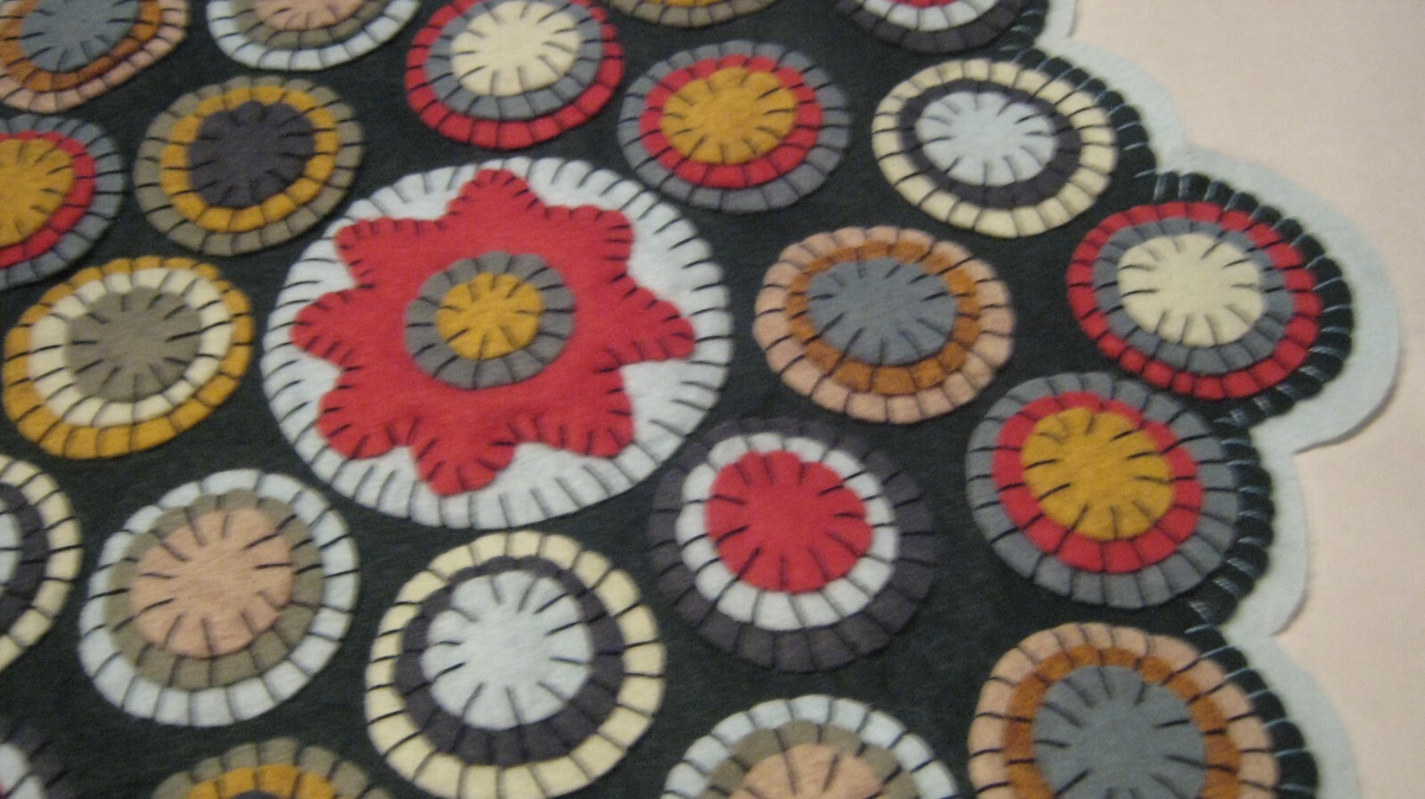 Primitive Wool Applique Pink Flower Layered Pennies Penny Rug Table Candle Mat