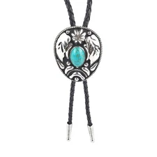 Turquoise Stone Floral Bolo Tie German Silver 36 inch Black Cord Made in USA