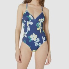  329 Splendid Women's Blue Yellow Floral Cross-Back One-Piece Swimsuit Size M