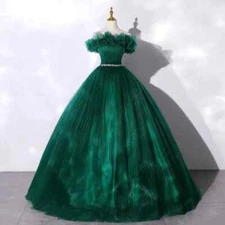 Green Ball Gown Women Quinceanera Dresses Tulle Crystals Pleated Prom Party Gown