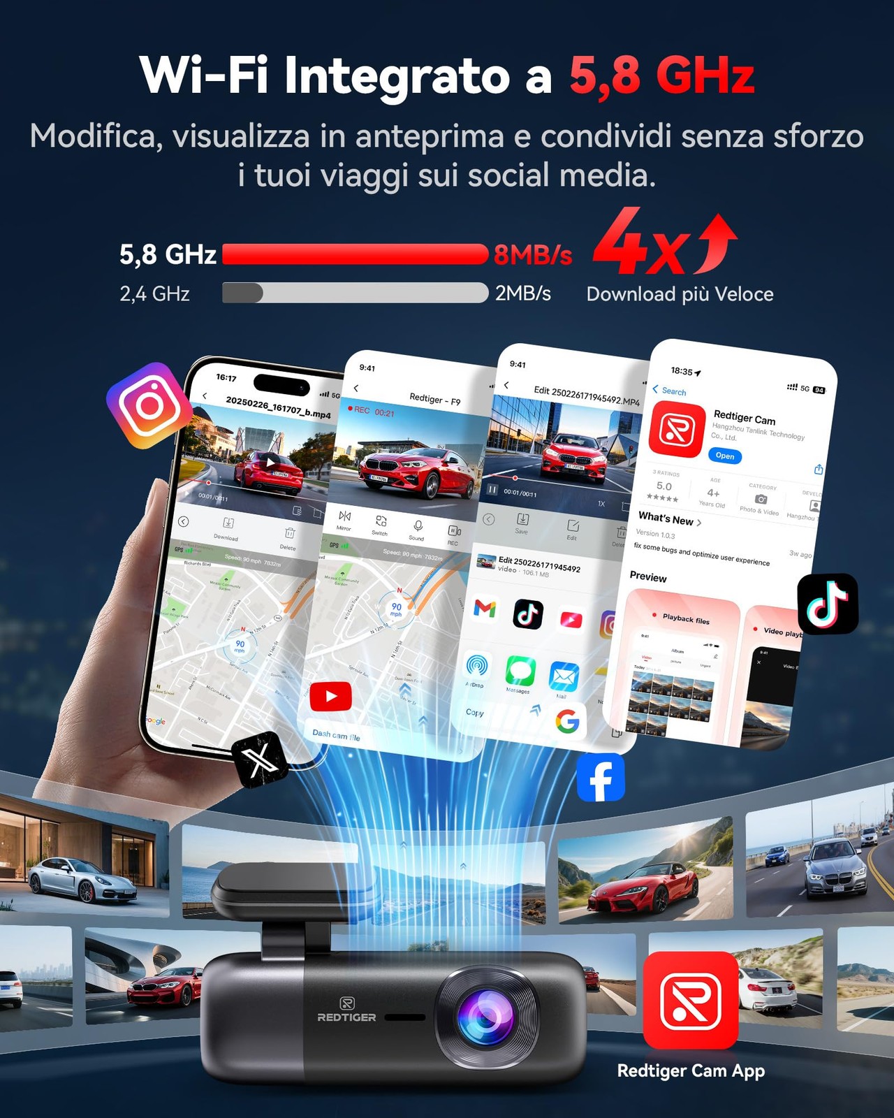 Redtiger Dashcam Auto 4K 1080p Anteriore e Posteriore WIFI 5,8 Ghz GPS - Miniatura 20
