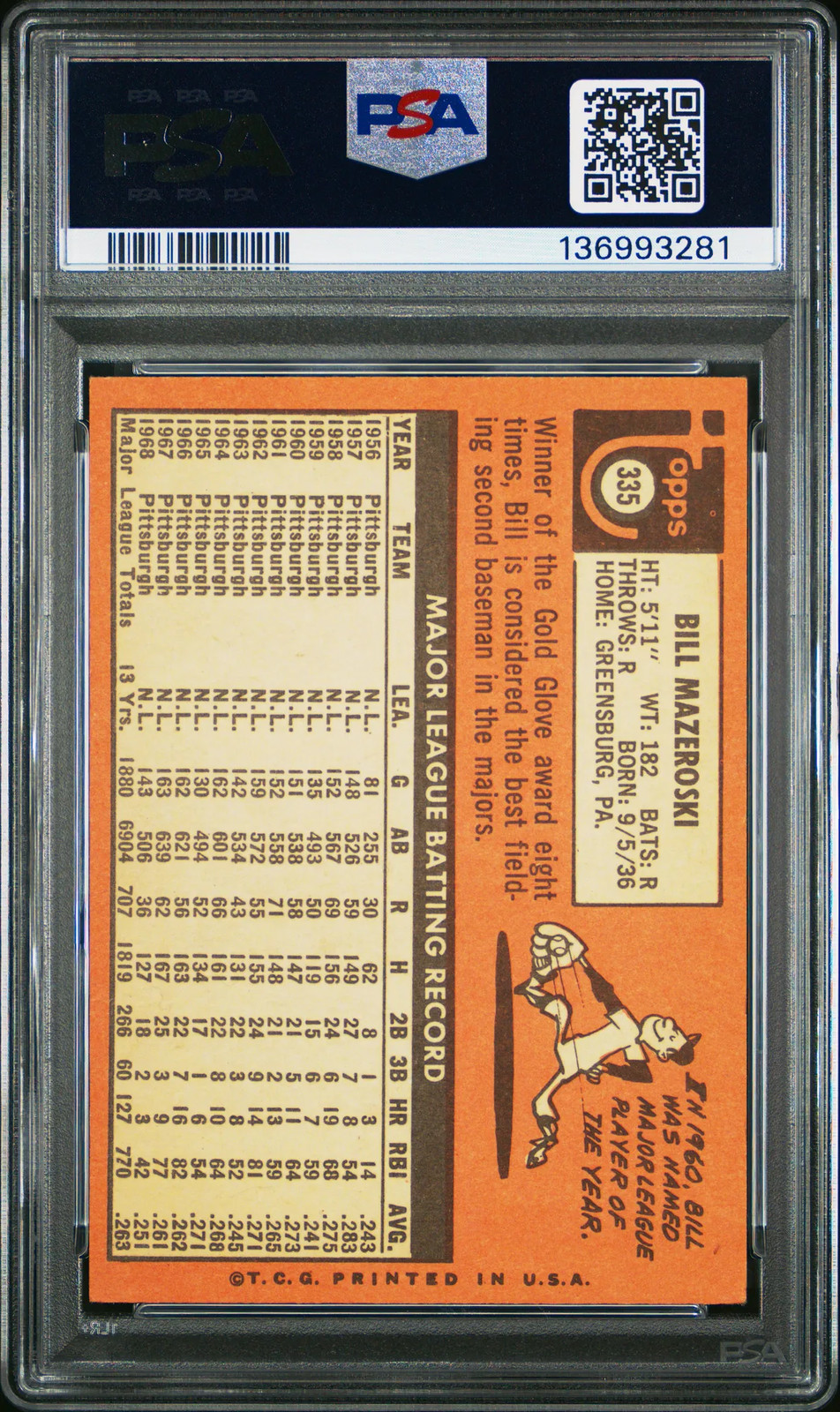 1969 Topps Bill Mazeroski #335 PSA 4 Vintage Baseball New Label HOF Pirates view 2