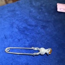 Silver Scottish Thistle Kilt Pin with Amber-Colored Stone Metal Unisex
