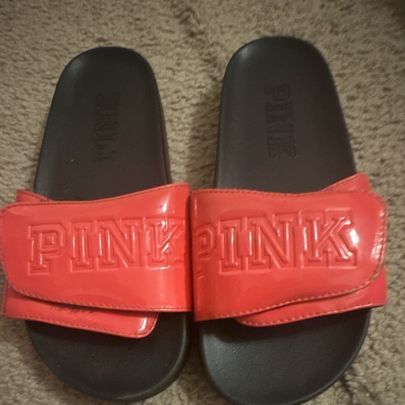 PINK Women’s Red/Black Slide Sandals Logo Strap Leather Slip-On Size 7.5