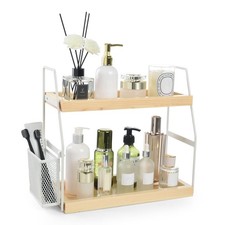 Bathroom Counter Organizer, 2-Tier Standing Storage Shelf with Basket, Wood T...