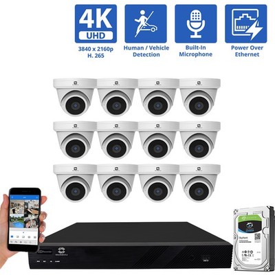 16 Channel NVR Security Camera System 12 4K 8MP AI IP Turret Camera Microphone