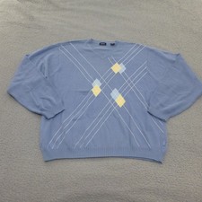 IZOD Sweater Mens Large V Neck Argyle Light Blue Cotton Long Sleeve Pullover