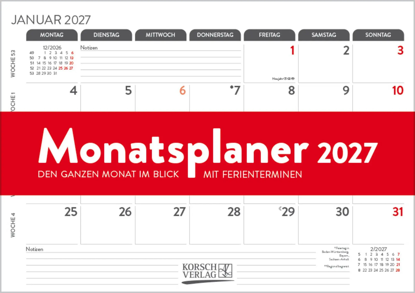Monatsplaner 2027 | 12 Monate mit Ferienterminen und Feiertagen. 29,7 x 21 cm. - Bild 4