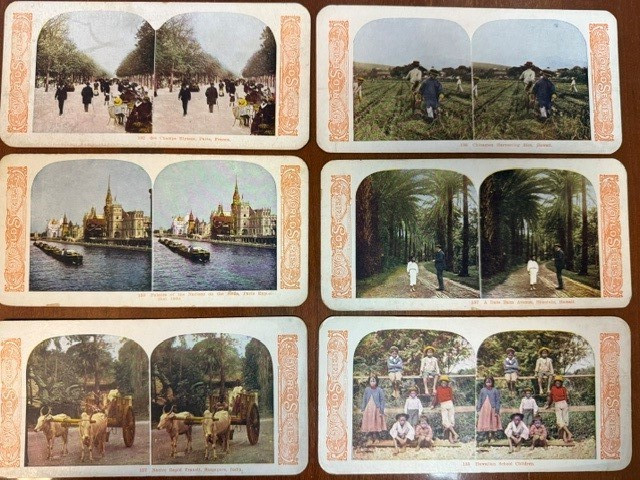 Lot of 6 Stereoscope Cards (copyright 1905) :  2-Paris, 3-Hawaii and 1-Singapore