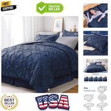 King Size Comforter Set 7 Pieces, Navy Blue Bed in a Bag Comforter Set for Be...