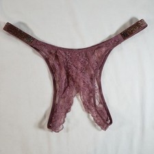 Victoria's Secret Shine Strap Lace Crotchless Brazilian Panty Purple Vapor S M L