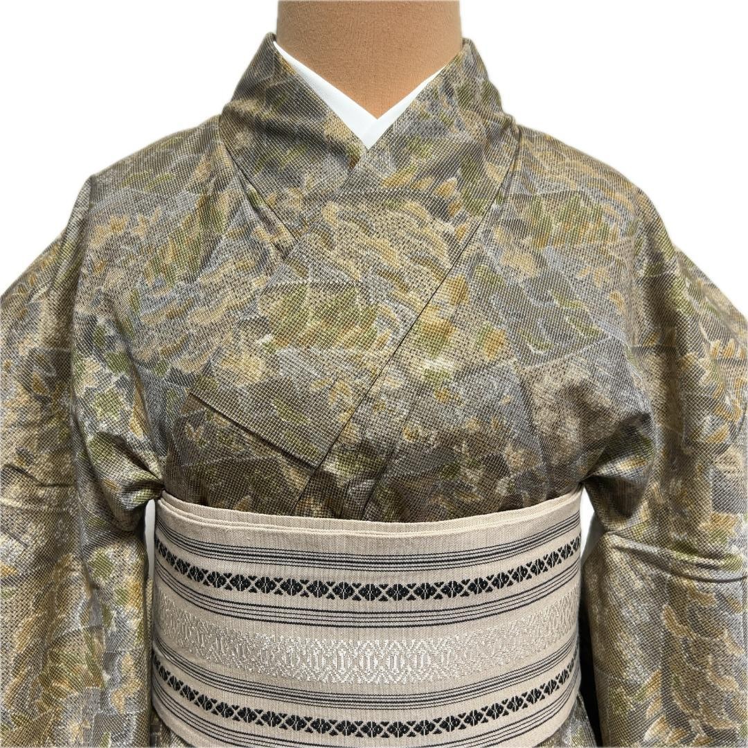 Kimono Small Pattern Lining Brown-Green Gray Pure… - image 2