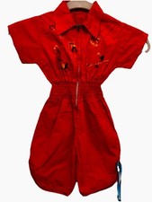 Vtg Child s Red 1-piece Zippered Jumpsuit Gathered Elastic Waistband W Ties
