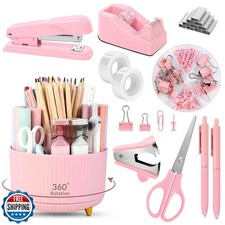 SKYDUE Pink Desk Accessories 10Pcs, Rotating Pen Holder for Desk,