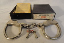 RARE! VINTAGE N.O.S. UNION HARDWARE CO. TOWER ADJ. NICKEL DOUBLE LOCK HANDCUFFS!
