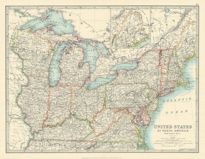 NORDOSTEN VEREINIGTE STAATEN. Große Seen. MidWest. USA. JOHNSTON 1913 alte Karte