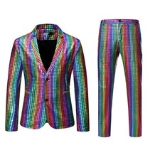Mens 2Pcs Suits Clubwear Glitter Shiny Rainbow Check Lapel Collar Blazer Pants