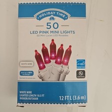 New  Holiday Time 50 Counts LED Pink Mini Lights White Wire 12 FT Long