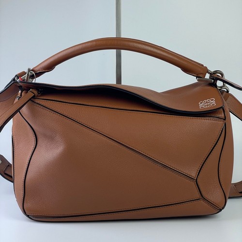 LOEWE Puzzle Bag Brown Tan Calfskin Leather Crossbody w/ Strap Top Handle Bag